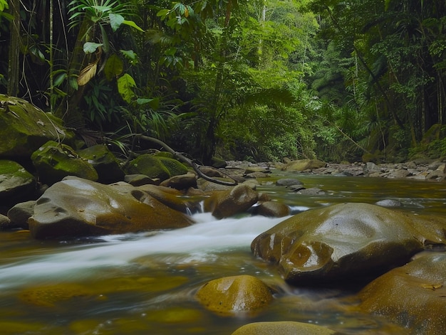 Photo a river with rocks and trees in the background