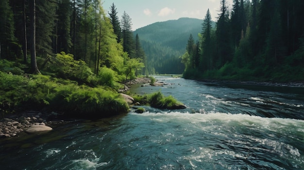 a river with rocks and trees in the background