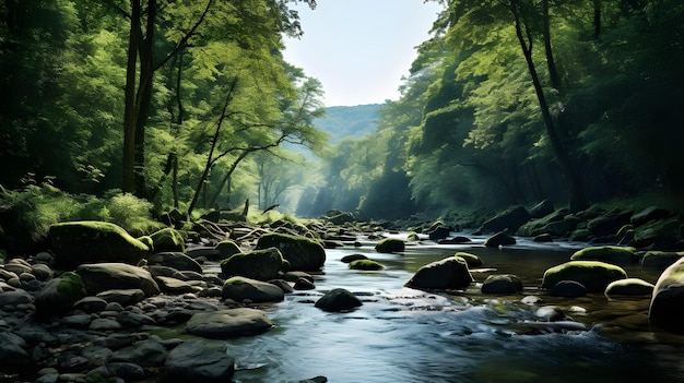 Photo a river with rocks and trees in the background