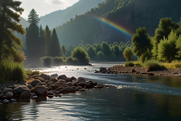 a river with rocks and trees in the background