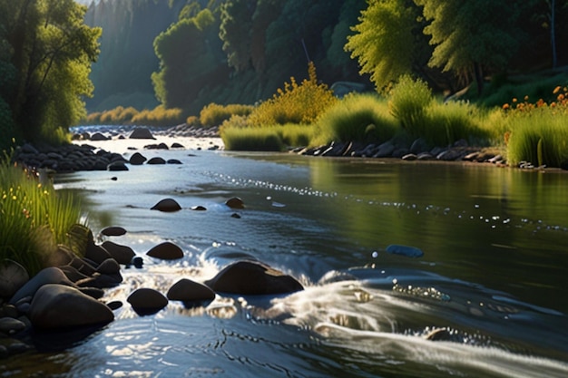 a river with rocks and trees in the background