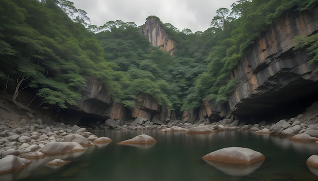 a river with rocks and trees in the background