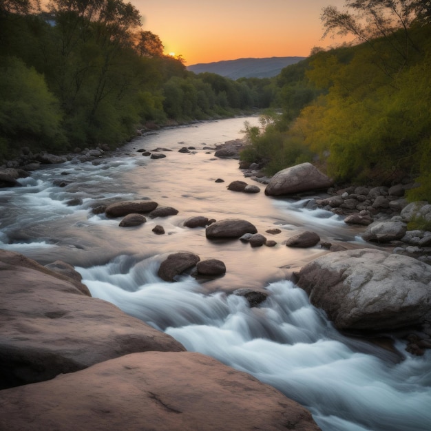 A river with rocks and trees in the background