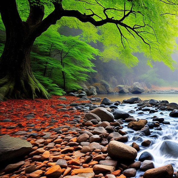 A river with rocks and trees in the foreground and a tree with red leaves on the ground.