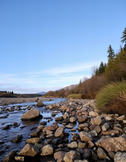 a river with rocks and trees and a sky with a few clouds