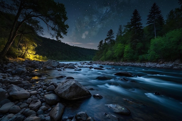 River with a rocky shore and trees at night