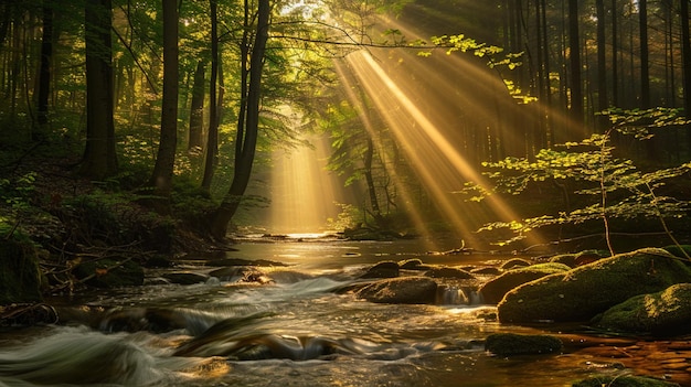 a river with the sun shining through the trees