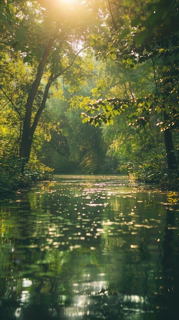 a river with the sun shining through the trees