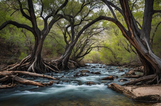 Photo a river with a tree that has roots that are in the water