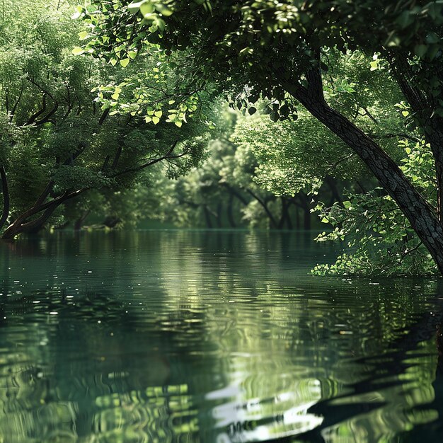 Photo a river with trees and a bridge in the background