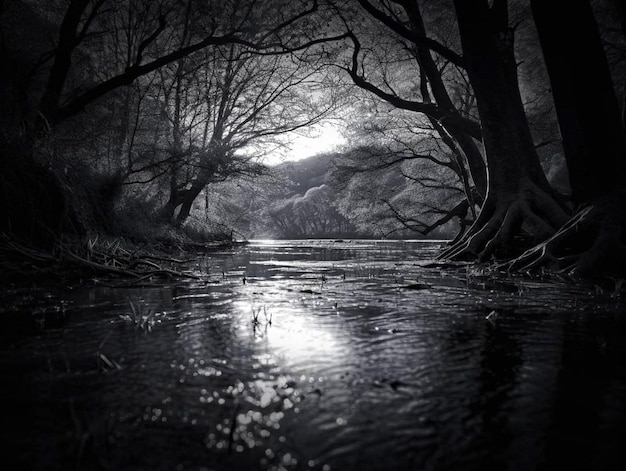 Photo a river with trees and a light on it