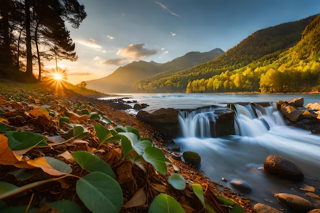 A river with a waterfall and the sun setting behind it