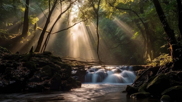 A river with a waterfall and the sun shining through the trees