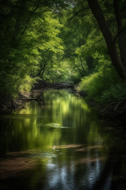 A river in the woods with a green background