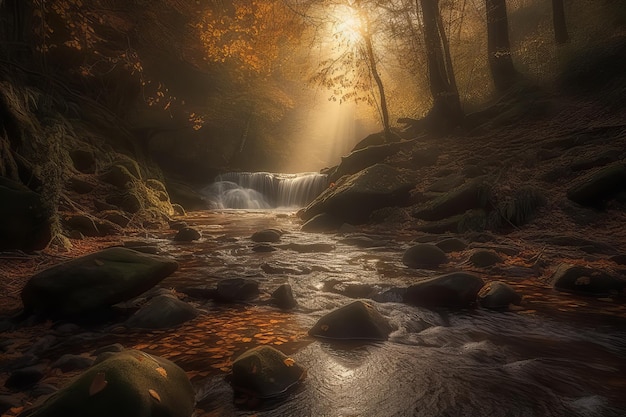 A river in the woods with the sun shining through the trees