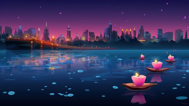 riverfront with floating diyas on the water diwali background cartoon illustration ai generative