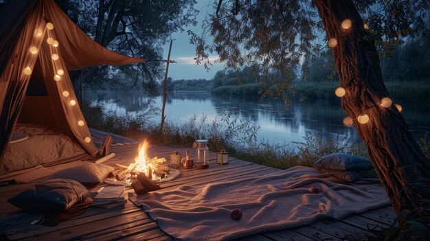 Riverside camping scene with tent campfire and blanket creating cozy homey atmosphere