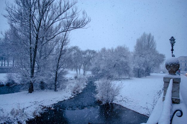 Riverside of the city of Brugos covered with snow