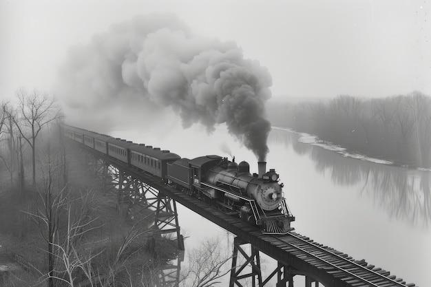 Photo riverside freight steam engine in motion