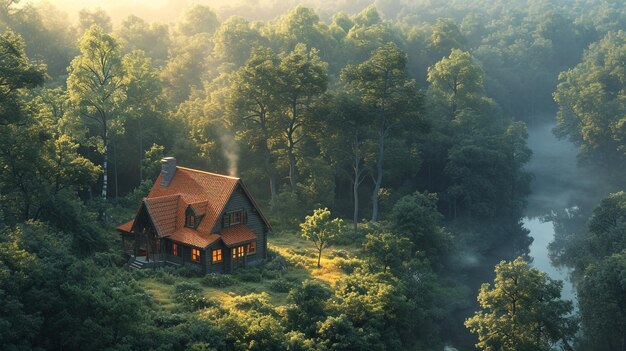 Riverside Serenity Graphic Wooden House Amidst Green Forest and River