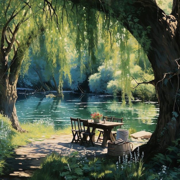 Riverside shaded by willow trees overlooking a stream