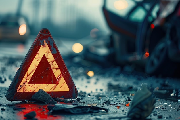 Photo road accident on the road with a red triangle on the asphalt