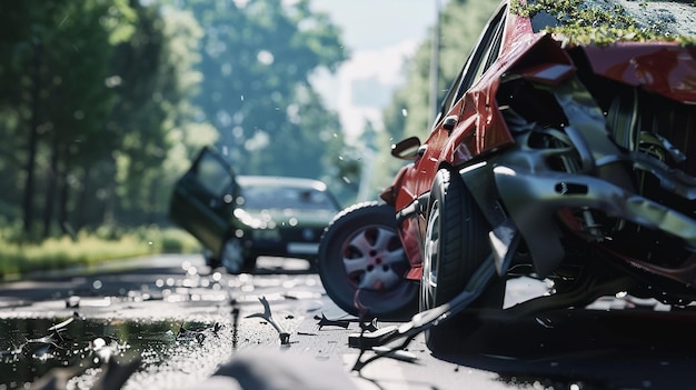 Photo road accident with smashed cars style photorealistic