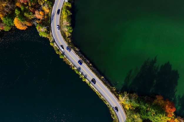 Road in the autumn forest aerial view with lake