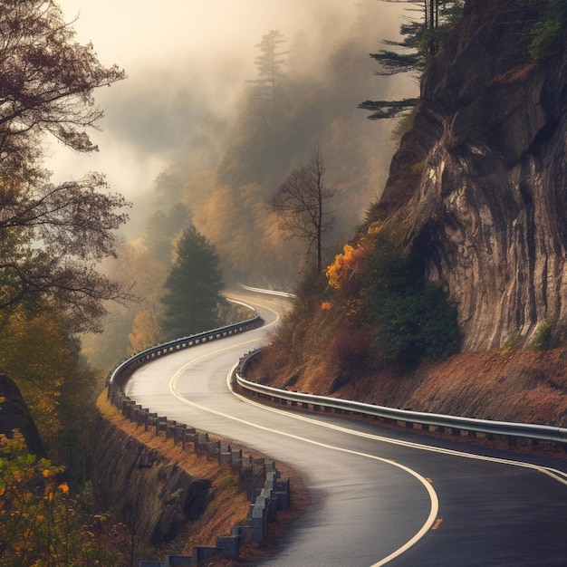 Road in the autumn forest Colorful autumn landscape with fog