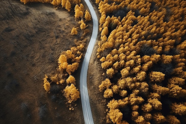 road in autumn in the style of photorealistic landscapes aerial photography