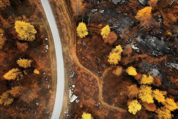 road in autumn in the style of photorealistic landscapes aerial photography