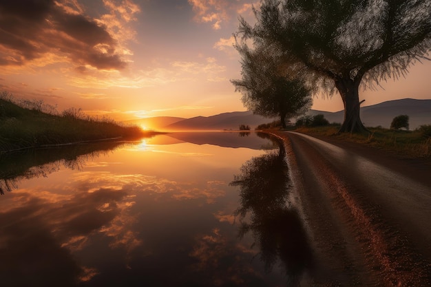 Road by the lake radiant sunset generative IA