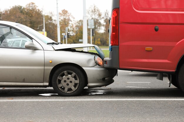 On road car crashed into trunk truck an accident