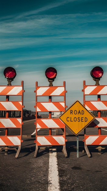 Road closed orange barriers with lights and sign clear blue sky Vertical Mobile Wallpaper