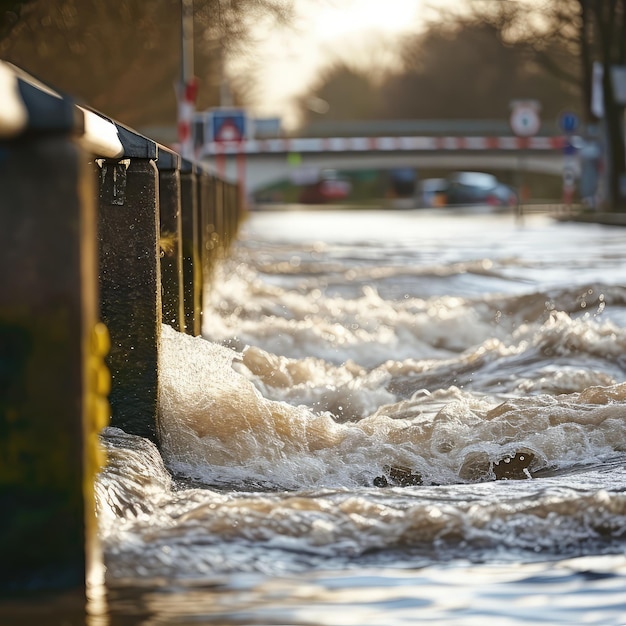 Road Closure Sign Due to Flooding at a River A Warning for Drivers and Pedestrians