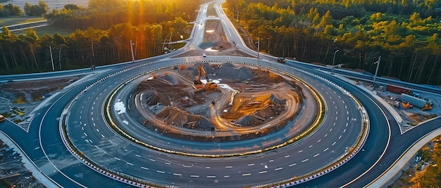 Photo road construction in the industrial sector under construction is a roundabout on a large creation of a fast transit system via transportation