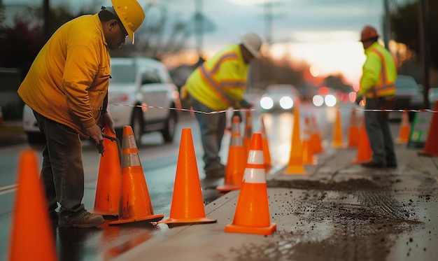 road construction project workers and machines work on road