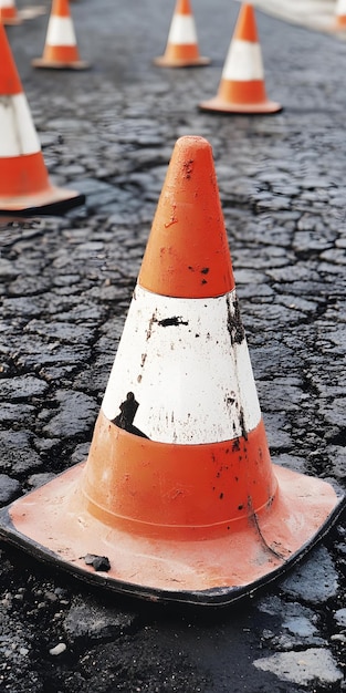 Photo road construction site with traffic cones