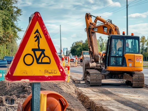 Photo road construction with heavy machinery and traffic signs