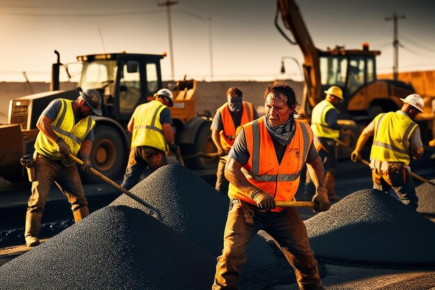 Photo road construction workers at work