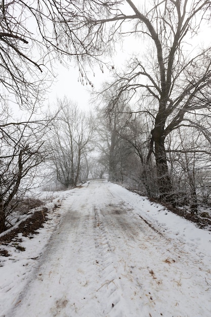 A road covered with snow in the winter season, the road is dangerous and slippery after cold and frost