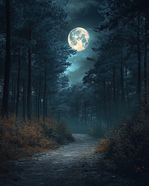 a road in a dark forest with a full moon in the background