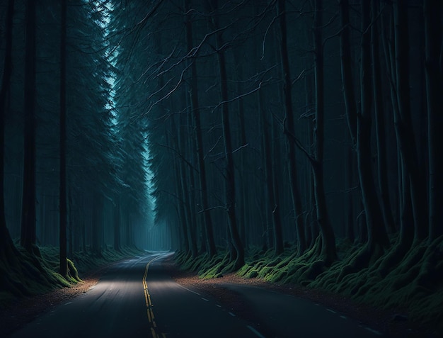 A road in a dark forest with a light on the ground.