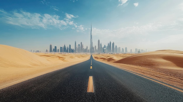 a road in the desert with a city in the background