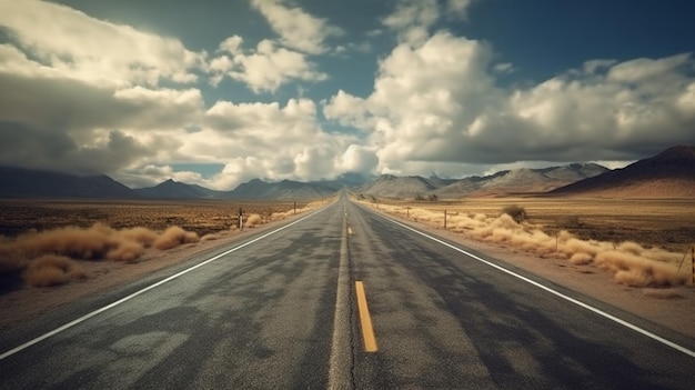 A road in the desert with clouds in the background