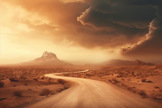 a road in the desert with a mountain in the background.