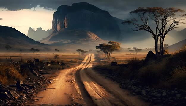 A road in the desert with a mountain in the background