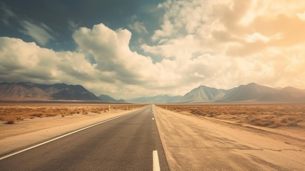 A road in the desert with mountains in the background