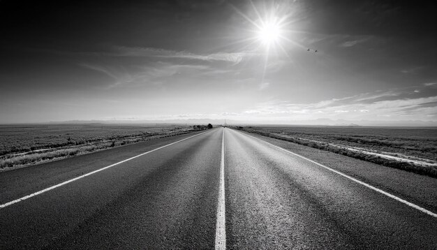 Photo road an empty towards the horizon both sides of the road are natural with blue sky black and white