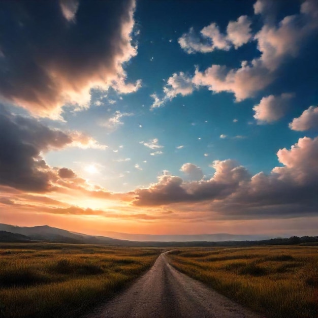 a road in a field with clouds and a sky with clouds